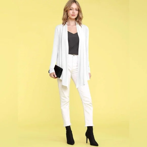 Draped Front Open Cardigan Casual Long Sleeve Lightweight Cardigan -white - Picture 5 of 6